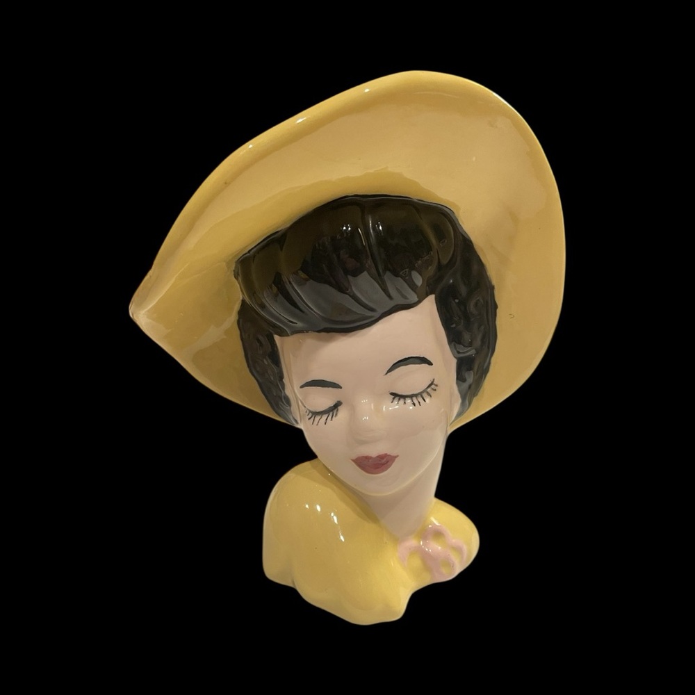 Vintage Beautiful Lady Head Vase with Yellow Hat